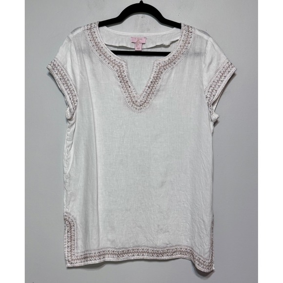 St. Tropez Tops - St. Tropez Embroidered Linen Tunic Size Medium Coastal Chic Old Money Metallic